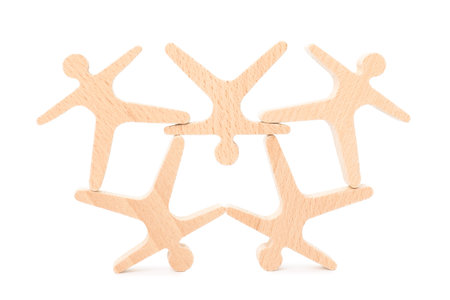 Wooden stacking acrobats isolated on white. Balancing gameの写真素材