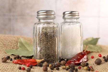 Salt and pepper shakers with spices on burlap cloth against blurred background, closeup