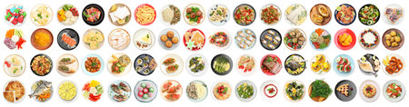 Big collection of different dishes isolated on white, top view