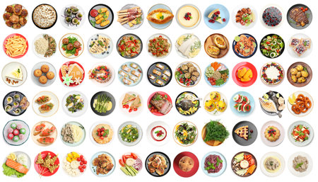 Big set of different dishes isolated on white, top view