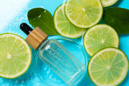 Bottle of skin care product, lime slices and green leaves in water on light blue background, flat layの写真素材