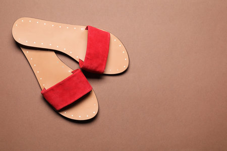 Pair of stylish slipper shoes on dark beige background, top view. Space for text