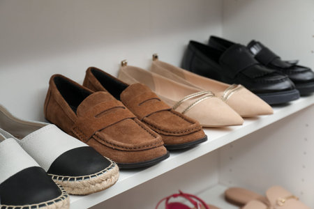 Shoe storage. Different footwear on shelf indoors, closeupの写真素材