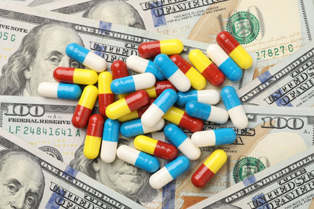 Many different pills on dollar banknotes, top view