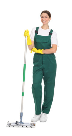Smiling cleaning service worker with mop on white backgroundの写真素材