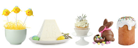 Easter foods isolated on white. Set of festive dishes and desserts