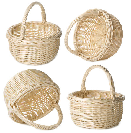 Wicker basket isolated on white, collage. Easter celebrationの写真素材