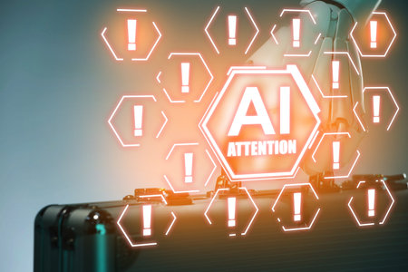 Robot holding metal case. Virtual AI icon and warning notifications. Artificial intelligence safety