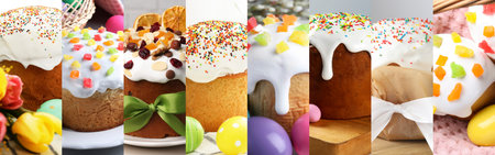 Easter cakes with icing. Festive collage, holiday poster