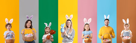 Easter collage with adults and children on colorful backgrounds