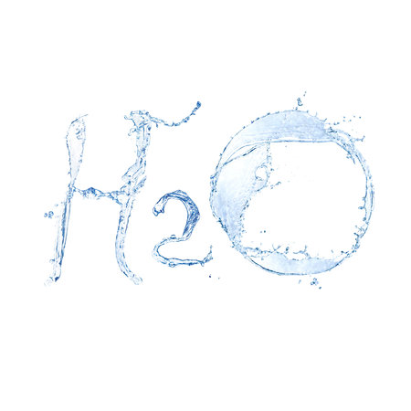 H2O made of water splash on white backgroundの写真素材