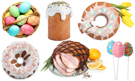 Easter foods isolated on white. Set with painted eggs, festive dishes and desserts