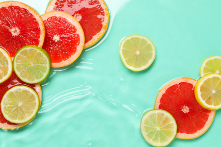 Slices of citrus fruits in water on turquoise background, flat lay