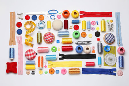 Flat lay composition with sewing supplies on white background