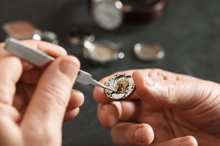 Senior man fixing mechanism of vintage wrist watch at black table, closeup