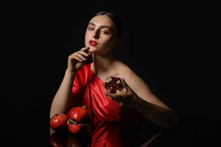 Beautiful woman with ripe pomegranates at mirror surface on black background.の写真素材