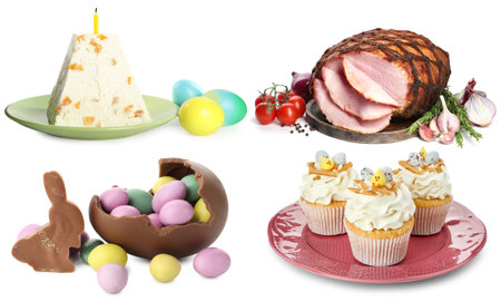 Easter foods isolated on white. Set with dyed eggs, festive dishes and desserts