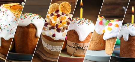 Easter cakes with icing. Festive collage, holiday poster