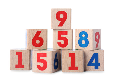 Wooden cubes with numbers isolated on white
