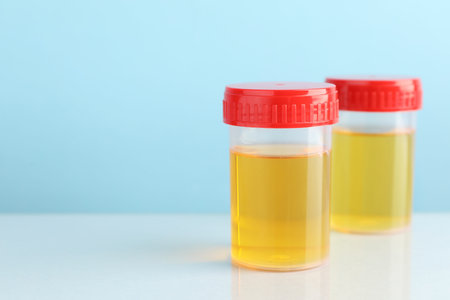 Containers with urine samples for analysis on white table against light blue background, closeup....