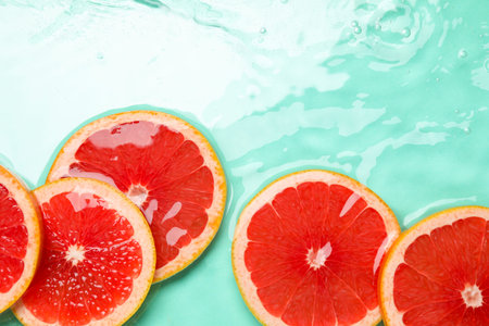 Slices of grapefruit in water on turquoise background, flat lay. Space for textの写真素材