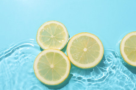 Lemon slices in water on light blue background, flat layの写真素材
