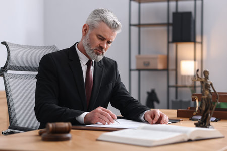 Notary in suit doing paperwork at table in office