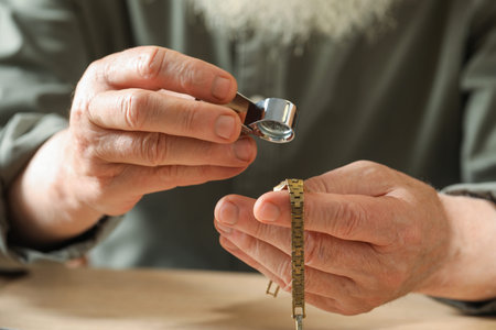 Senior man fixing mechanism of vintage wrist watch at table, closeupの写真素材
