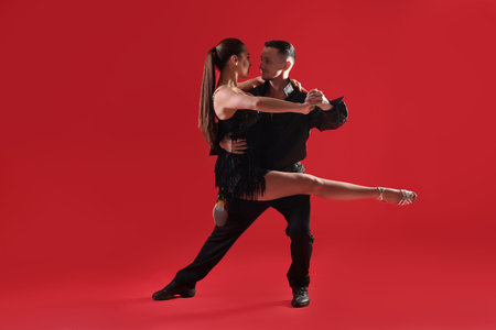 Couple of professional dancers on red backgroundの写真素材