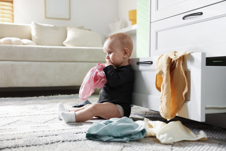 Little girl with clothes sitting near open drawer indoorsの写真素材