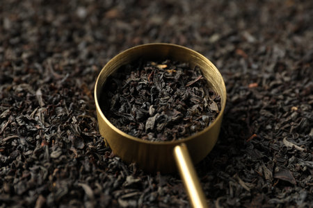 Measuring spoon on dried black tea leaves, closeupの写真素材