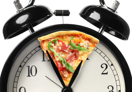 Pizza time poster. Alarm clock with pizza slice between hands on white background