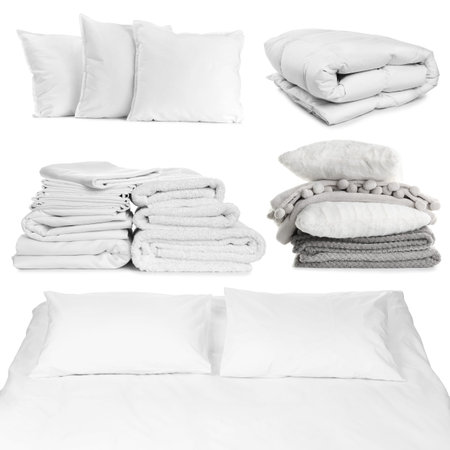 Bed accessories for comfortable sleep isolated on white, setの写真素材