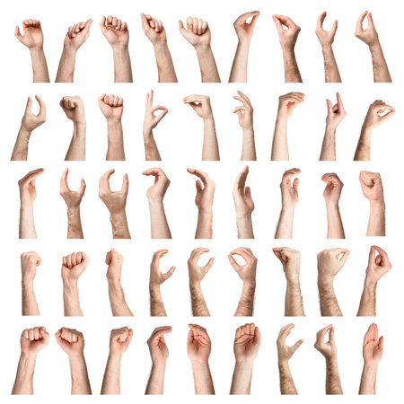 Men holding something, closeup. Set of hand gestures isolated on whiteの写真素材