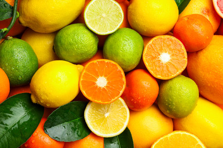 Different ripe citrus fruits and leaves with water drops as background, top view