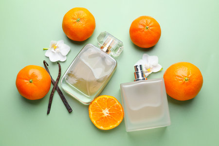 Bottle of perfume, flowers, vanilla pods and tangerines on light green background, flat lay