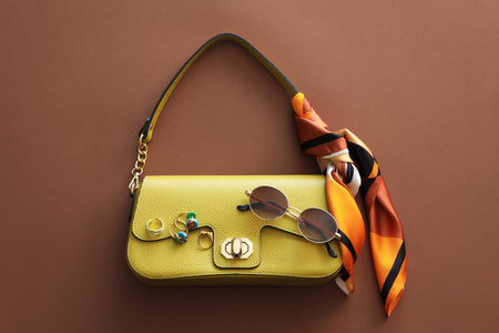 Beautiful handkerchief, sunglasses and bag on brown background, top viewの写真素材