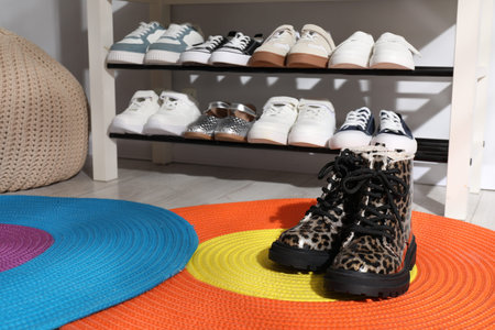 Shoe storage bench with different children's footwear indoorsの写真素材