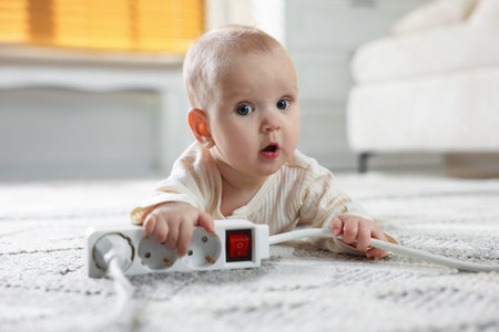 Child safety at home. Little girl playing with extension cord on floor indoors