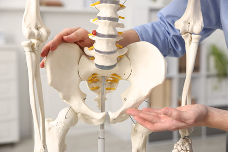 Teacher demonstrating human skeleton model in classroom, closeup. Anatomy lesson