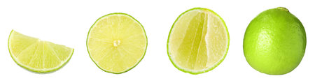 Fresh juicy lime isolated on white, set. Whole and sliced