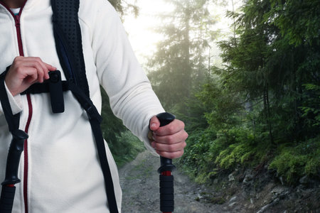 Person hiking in nature, closeup