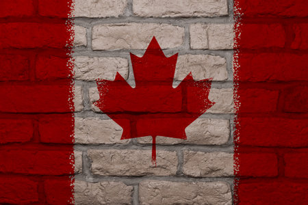 Maple leaf on brick wall as backgroundの写真素材