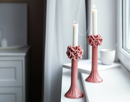 Elegant candlesticks with burning candles on windowsill indoors, space for textの写真素材