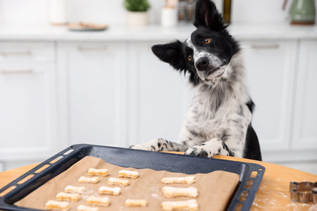 Cute dog near tray with raw bone shaped cookies on wooden table in kitchenの写真素材