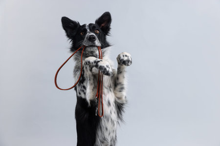 Cute Border Collie dog holding leash in mouth against light gray backgroundの写真素材