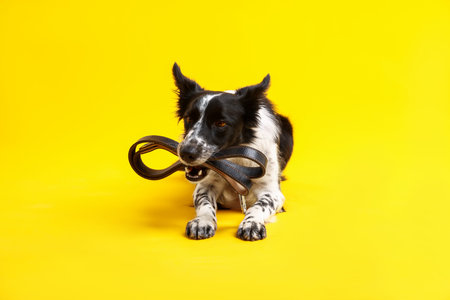 Cute Border Collie dog holding leash in mouth against yellow backgroundの写真素材