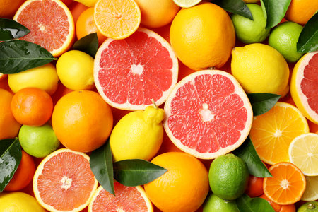 Fresh citrus fruits and leaves as background, top view