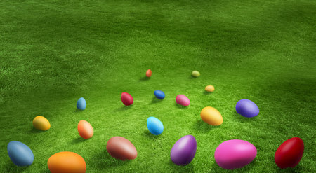 Easter egg hunt. Bright dyed eggs in green grass for holiday traditional game. Banner design