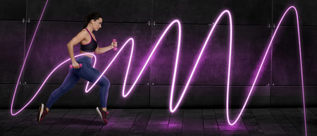 Young sporty woman training with dumbbells outdoors, banner design. Bright neon line symbolizing...